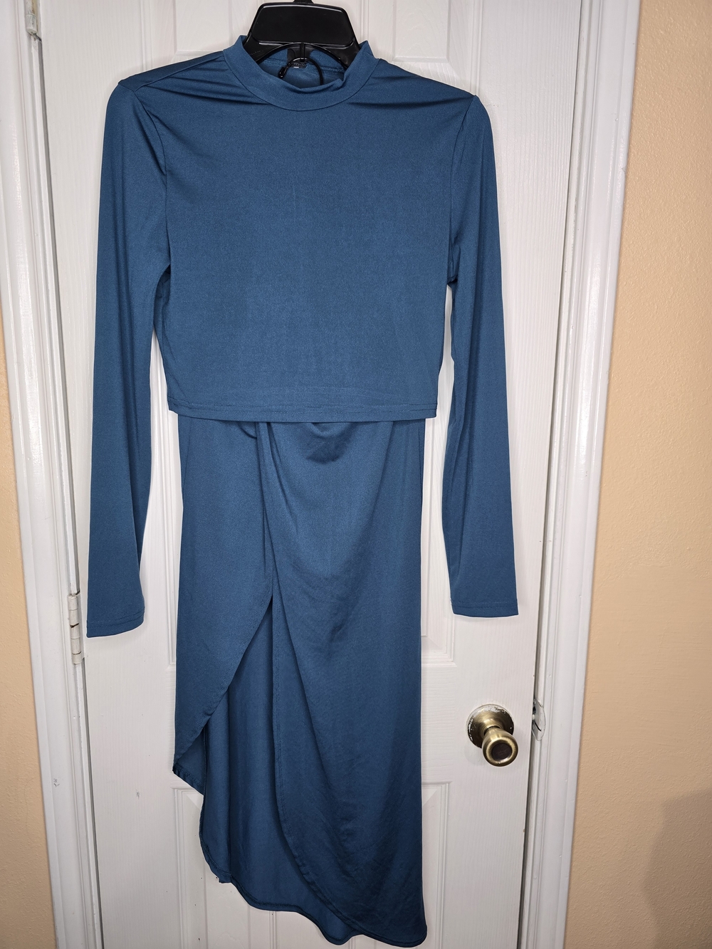 SHEIN Blue Long-Sleeve Mock Neck Asymmetric Dress